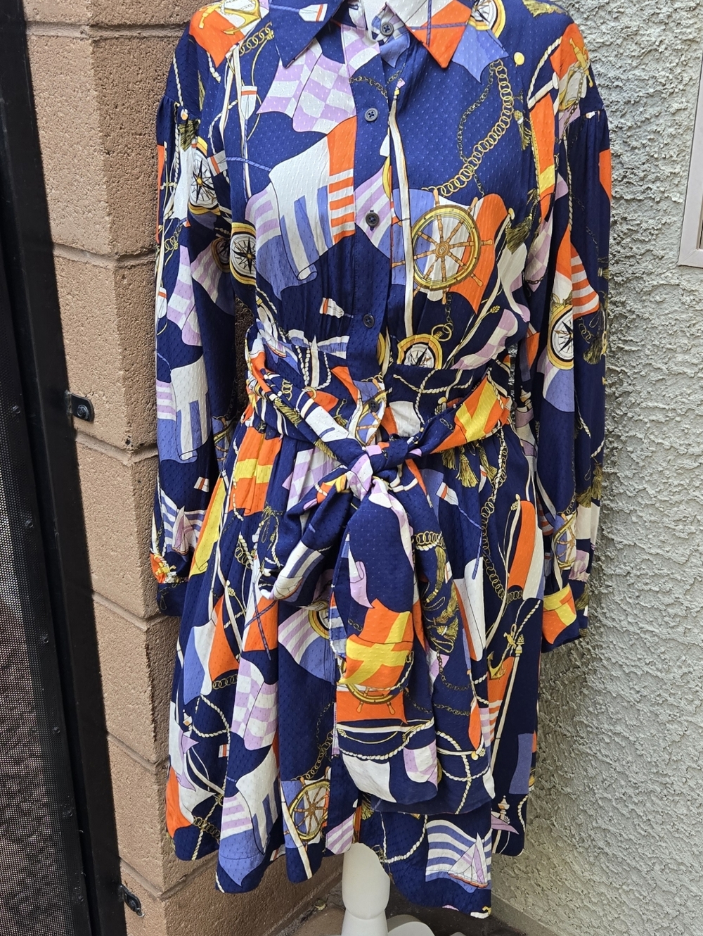 Anthropologie Maeve Nautical Navy Printed Long-Sleeve Wrap Dress Blue Flag Sail - Picture 3 of 12